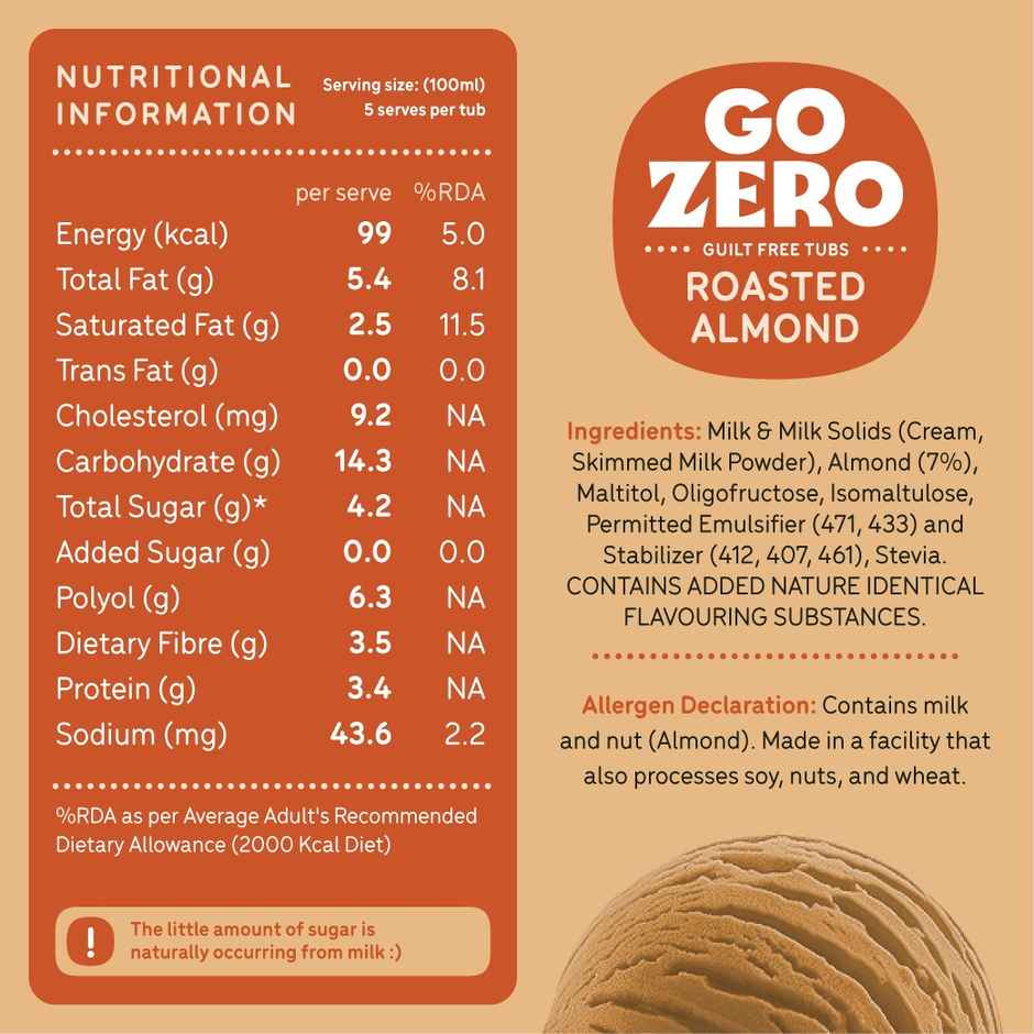 Go Zero Roasted Almond Low Calorie Guilt Free Ice Cream Tub