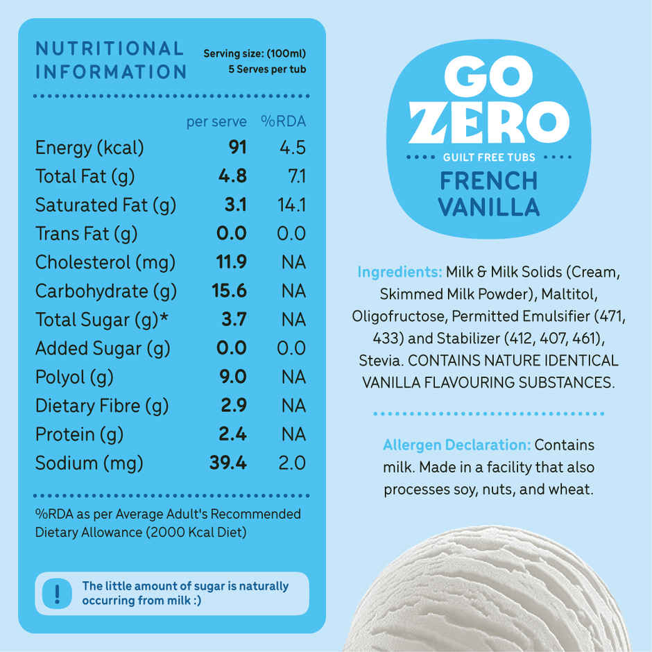 Go Zero French Vanilla Low Calorie Guilt Free Ice Cream Tub