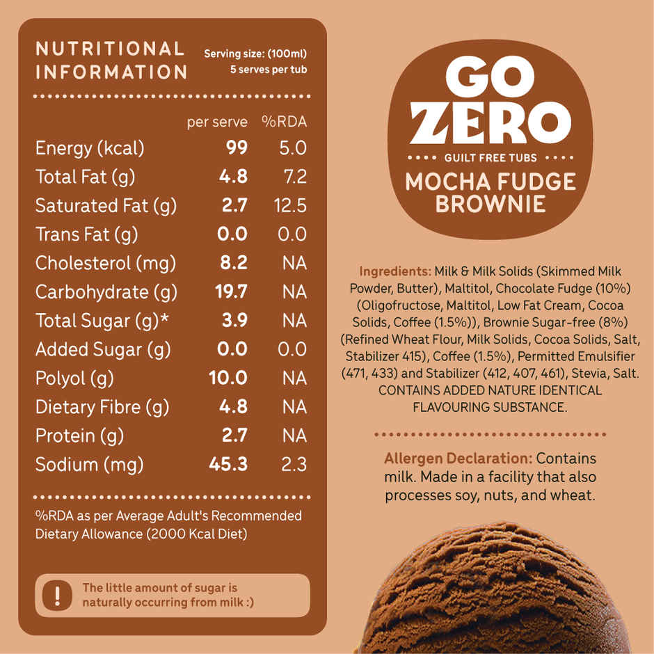 Go Zero Mocha Fudge Brownie Low Calorie Guilt Free Ice Cream Tub