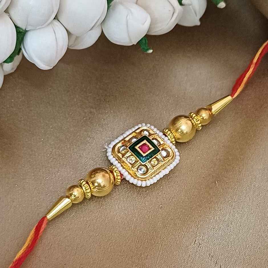 Rajasthani Large Square Pendant Red Minakari Kundan Motiwork Rakhi|Traditional Rakhi | Gullak