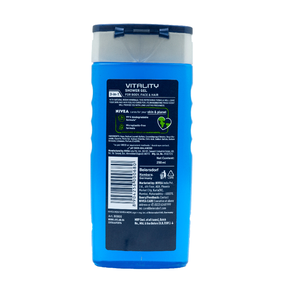Nivea Men Vitality Fresh Shower Gel with Ocean Minerals Shower Gel for Body Face & Hair