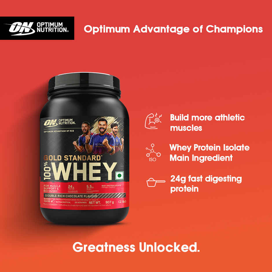 Optimum Nutrition (On) Pure Whey Gold Standard Powder Double Rich Chocolate 2 Lb (907g) & Optimum Nutrition Pre-Workout Fruit Punch Flavour (142.5g) Combo