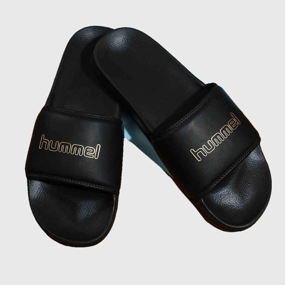 hummel Classic lightweight slides for Men with Cushioned Sole and Arch Support | Black & Gold | 6