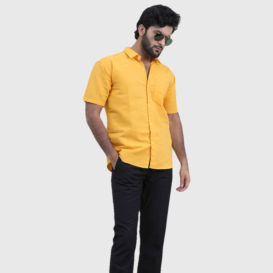 Mad Over Print Men's Mustard Classic Handloom Khadi Shirt - XXL