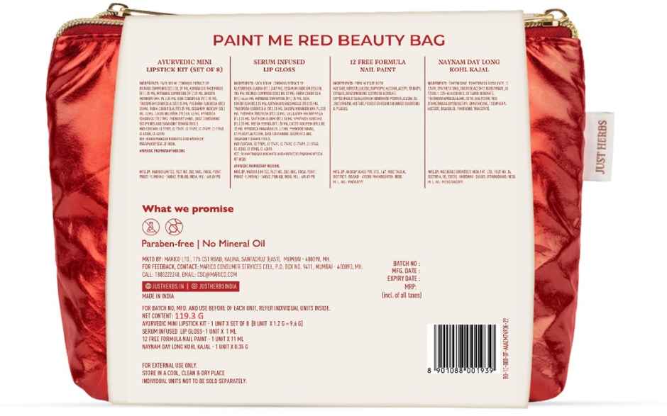 Just Herbs Paint Me Red Beauty Bag With Matte Lipstick Lip Gloss Kajal Nail Polish