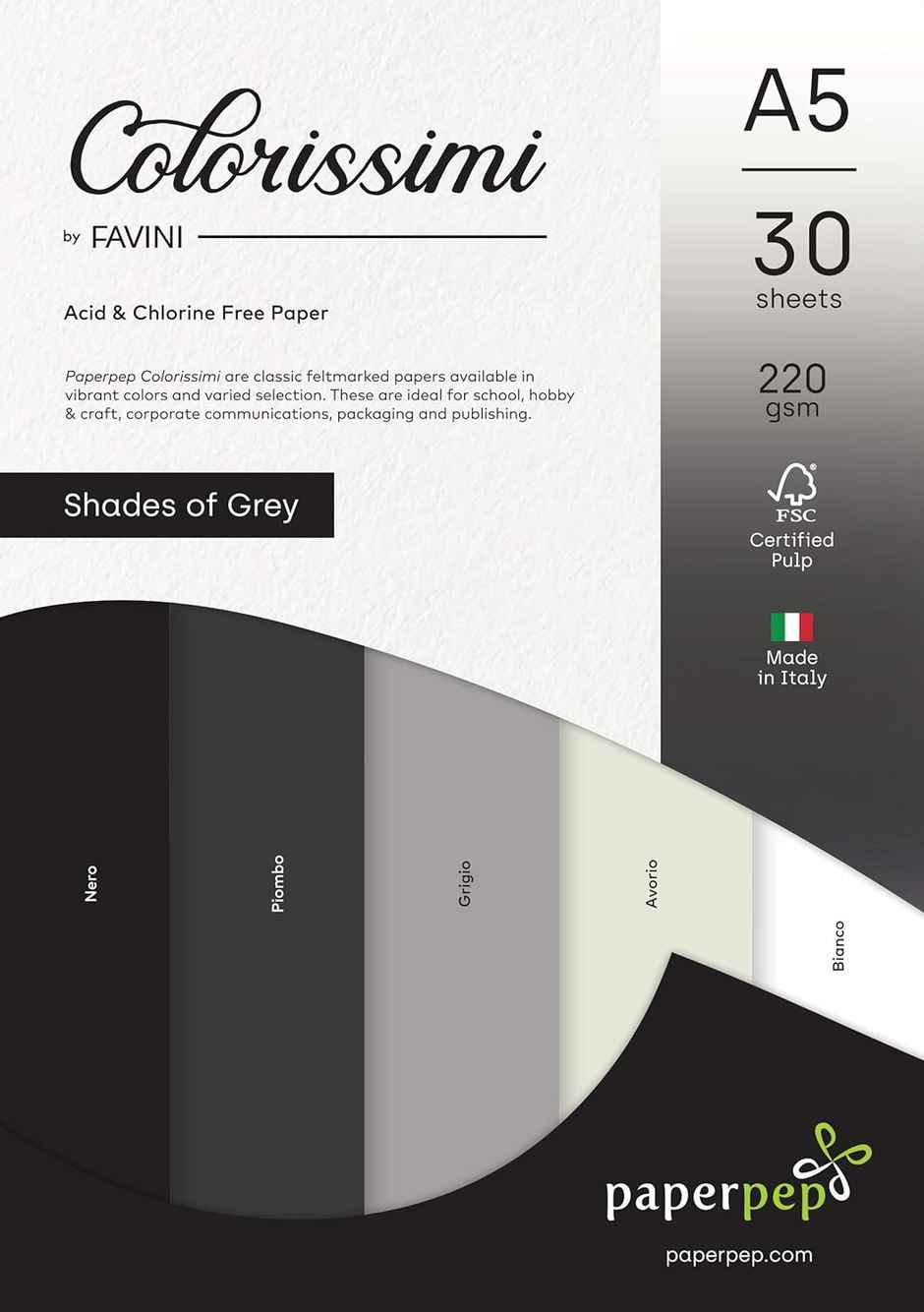 Paperpep Colorissimi 220Gsm Card Stock A5 Shades Of Grey Assorted 30 Sheets