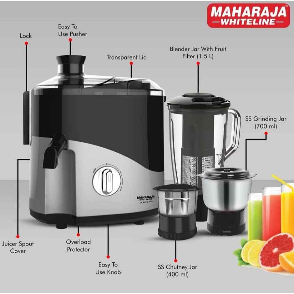Maharaja Whiteline Odacio Plus Juicer Mixer Grinder, 550Watt, With 3 Versatile Jars - Black & Silver