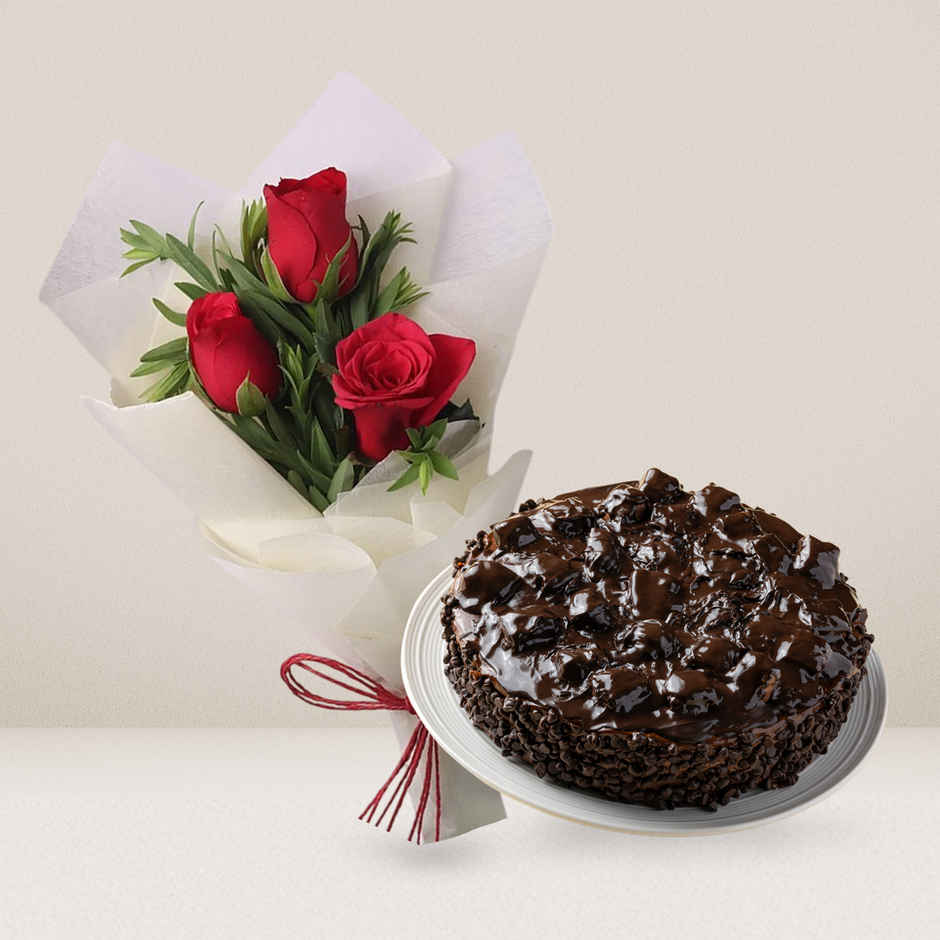 Floweraura Red Roses In White Paper (3pc) & Chocolate Mousse Cake (1pc) Combo