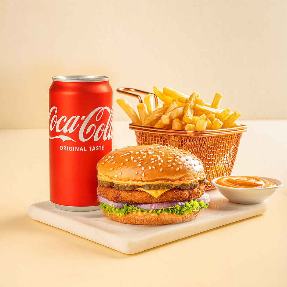 Signature Veg Burger & Classic French Fries & Coca-Cola Soft Drink Can Combo