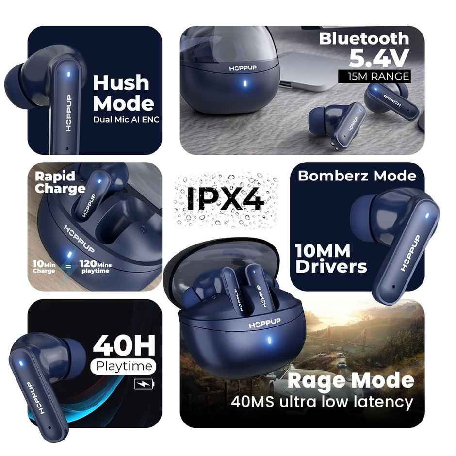 Hoppup Airdoze F50 Earbuds With 40H Playtime, 40Ms Low Latency, Ai Enc (Navy Blue, True Wireless)
