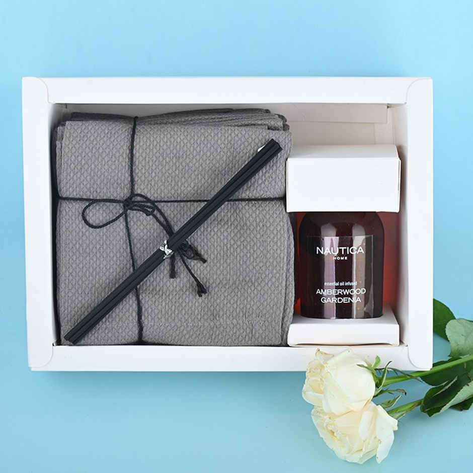 Nautica Cotton Towels and Reed Diffusers 15pc Face 1pc Reed Diffuser Amber Wood