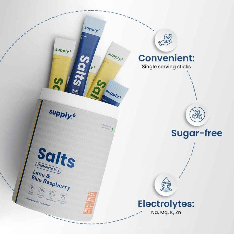 Supply6 Salts | Electrolyte Mix |Blue Raspberry |Lime |Sodium |Potassium |Magnesium |Zinc |Fiber