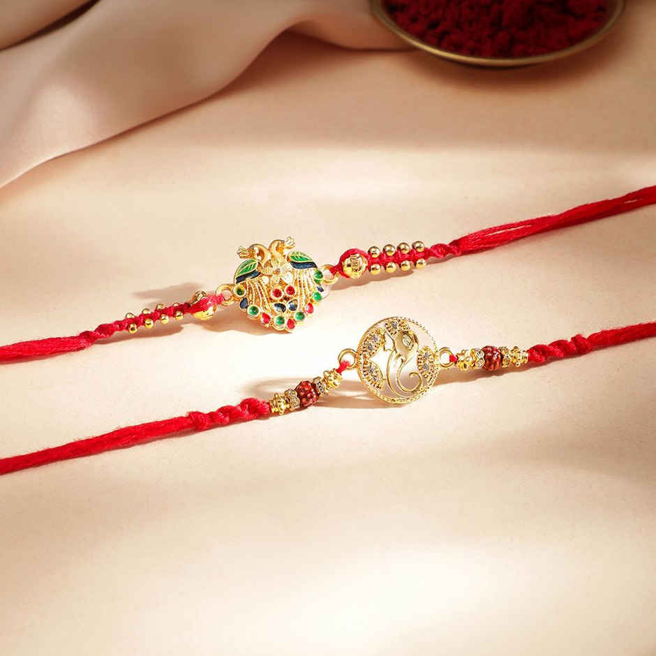 Rubans Ganesha and Peacock Motif Rakhi - Gold Tone