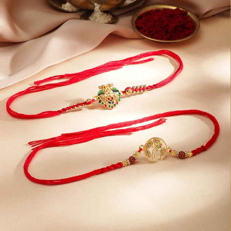 Rubans Ganesha and Peacock Motif Rakhi - Gold Tone