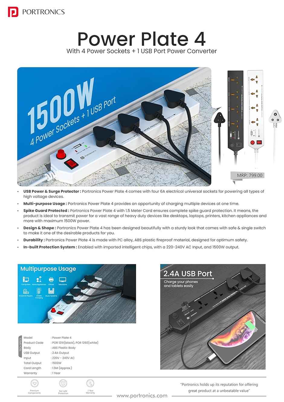 Portronics Power Plate 4 With 4 Power Sockets +1Usb Port Power Converter