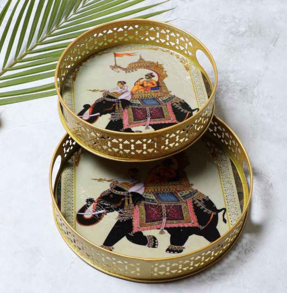 Homeharmony Round Tray | Royal Elephant Pichwai Tray | Size = 8 Inch and 10 Inch | Set Of 2