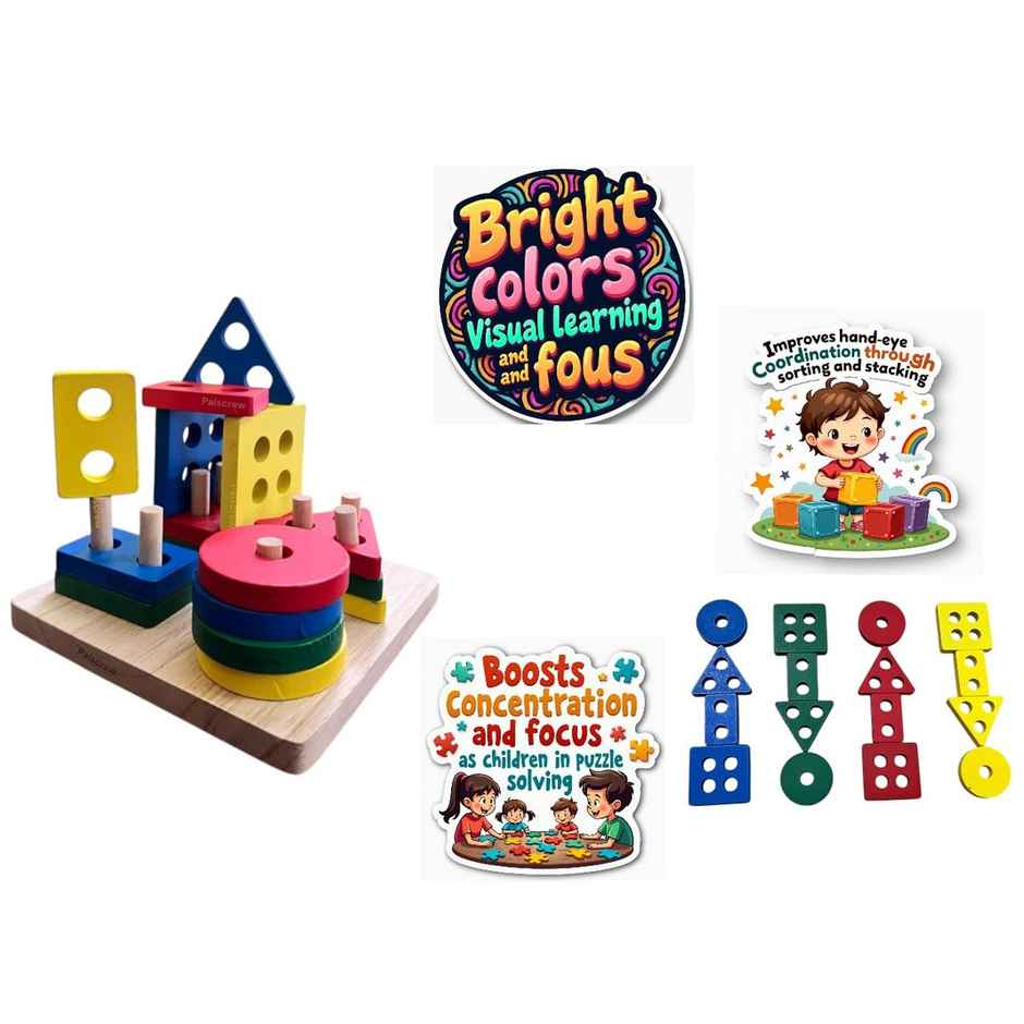 Fablue Wooden Square Shape Sorting And Stacking Blocks - Educational Learning Puzzle Toy For Kids