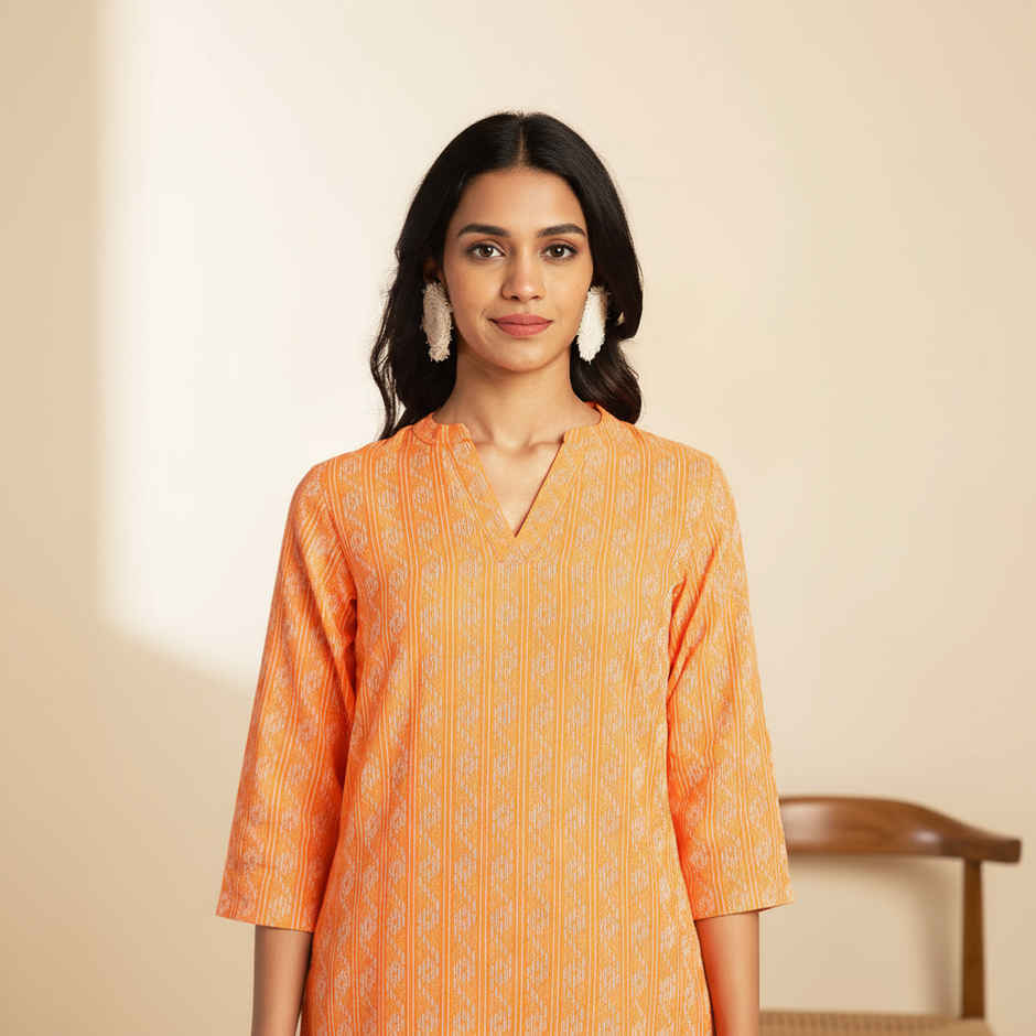 Janasya Women's Orange Pure Cotton Woven Design Regular Co-ord Set - S