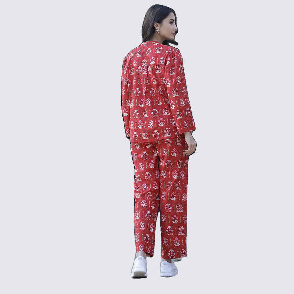Sanskrutihomes Floral Printed Pure Cotton Co-Ords Set | Red - L
