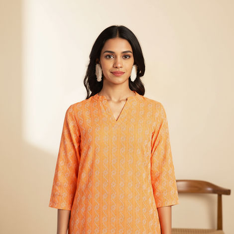 Janasya Women's Orange Pure Cotton Woven Design Regular Co-ord Set - S