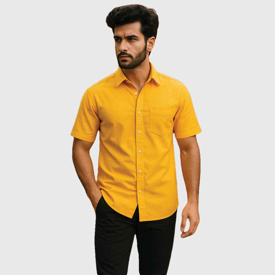 Mad Over Print Men's Mustard Classic Handloom Khadi Shirt - XXL