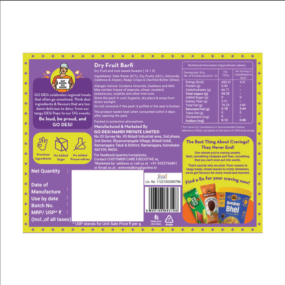 GO DESi Dry Fruit Barfi | 93% Dry Fruit | No Added Sugar