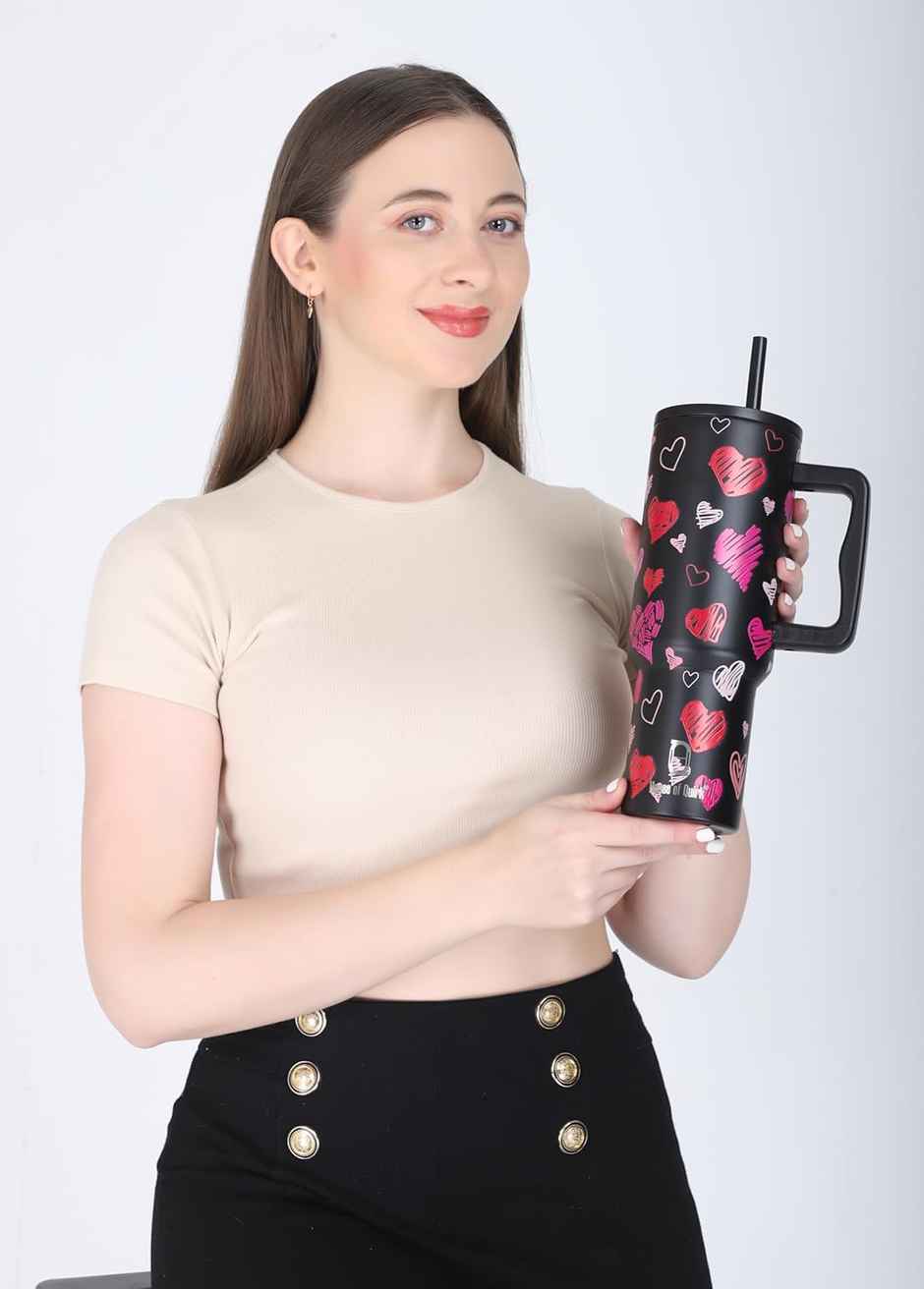 House of Quirk Stainless Steel Tumbler with Handle & Lid, 2 Straws | Black Heart - 1200 ml