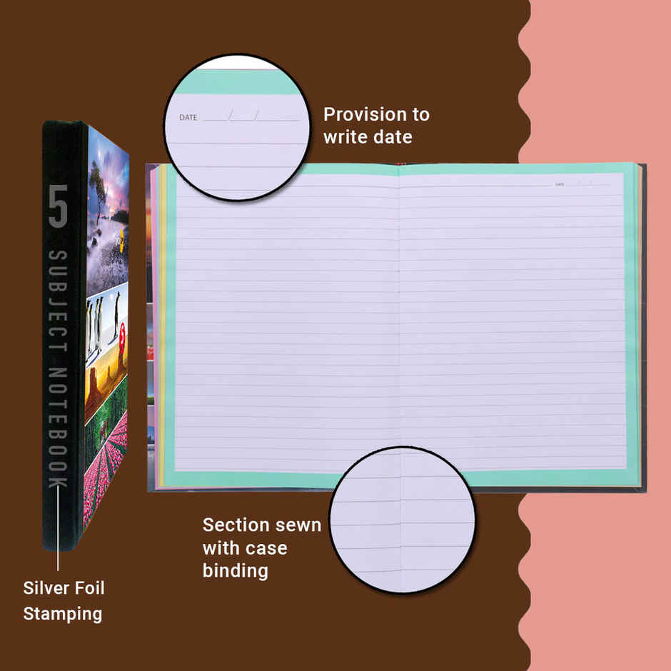 Navneet Youva Case Bound 5 Subject Single Line Notebook 400 Pages 18.5x24.7cm Multicolored
