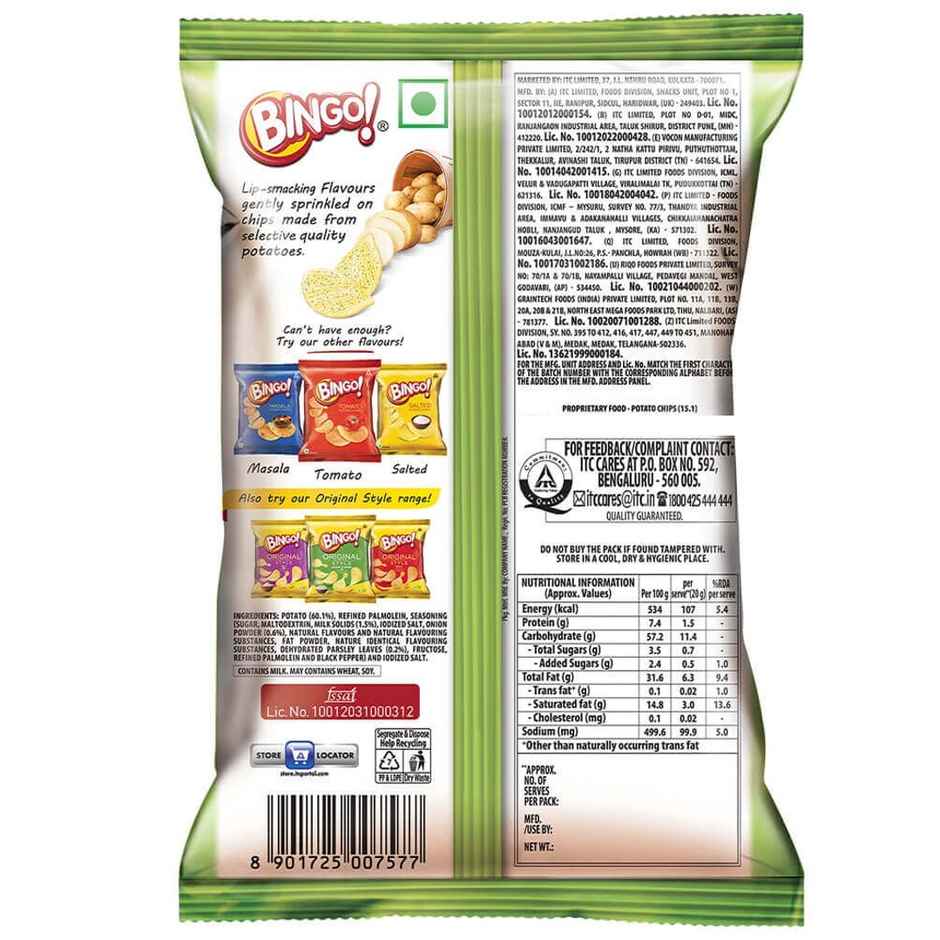 Bingo! Potato Chips | Cream & Onion Chips | Crispy & Crunchy Chips Pack for Snacks