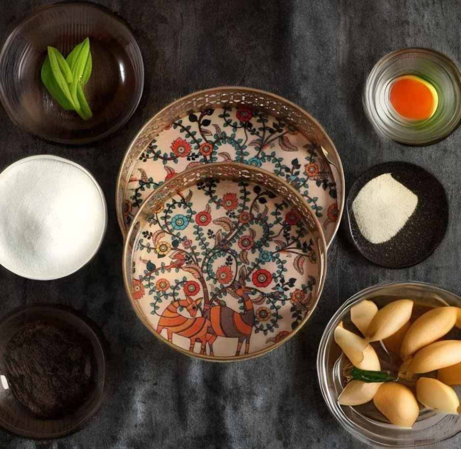 Homeharmony Pichwai Tray For Gifts | 8 Inch and 10 Inch | Round Metal Tray