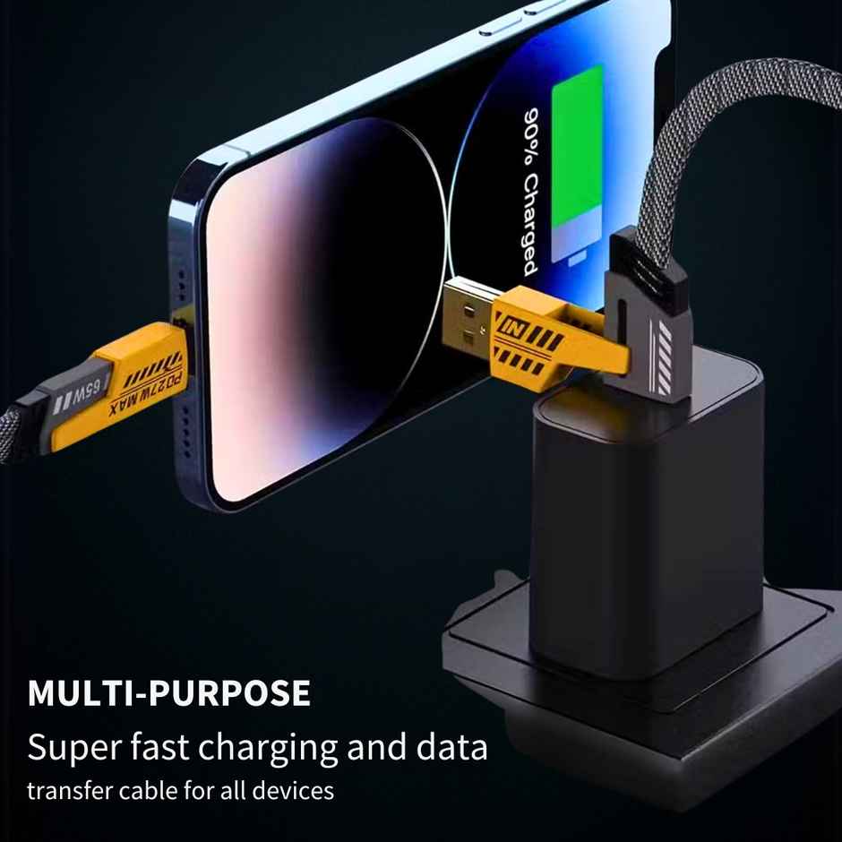 Roarx USB Type C Cable 13 A 1 m Braided 4 in 1 65W Fast Charging Cable Compatible for- & Android with MFI Certified (1 Meter)(Compatible with Apple & Android phones, Type C to C , Usb to Lightning, C to Lightning data cable) - Black & Yellow