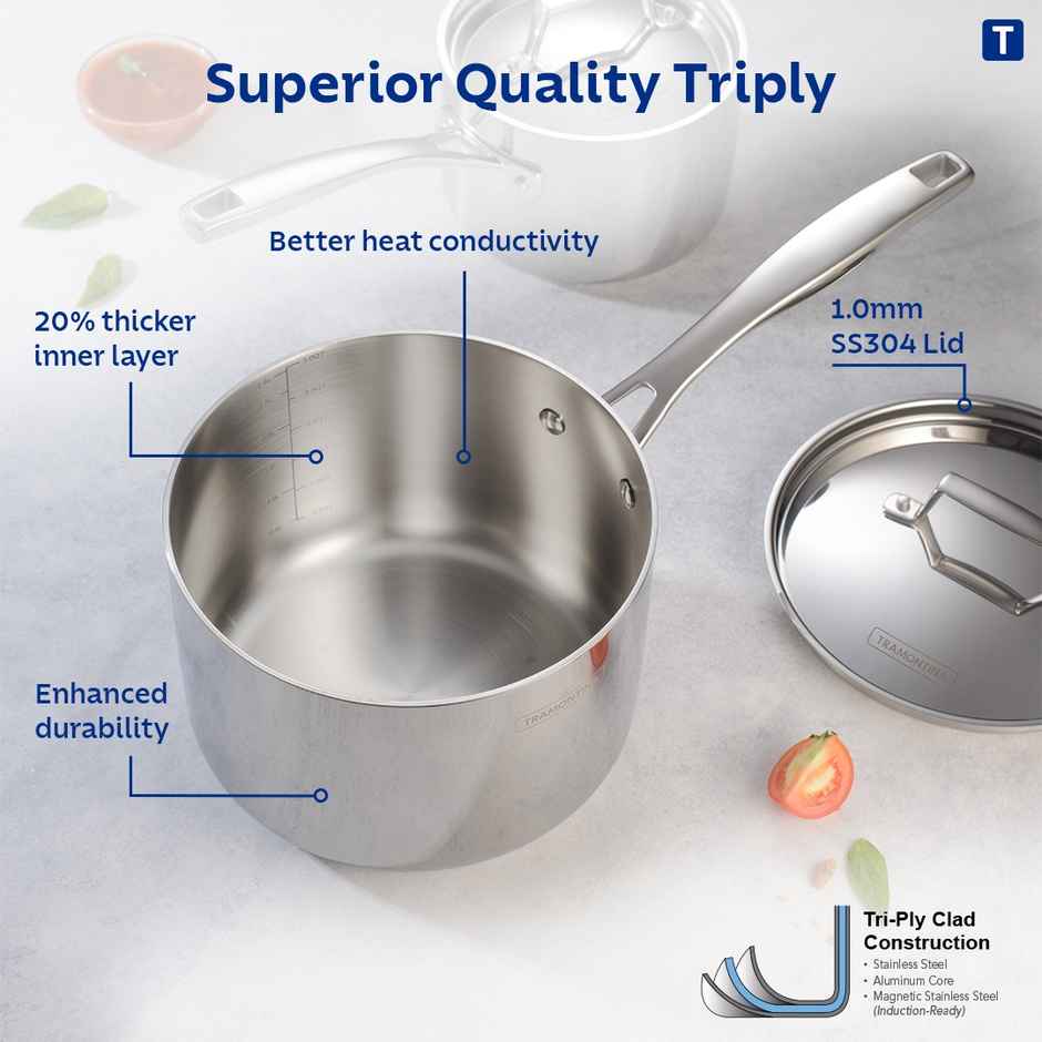 Tramontina Aeion Triply 14cm/1.5 liter Stainless Steel Sauce Pan with SS 304 Lid | Healthy, Non Toxic | Milk Pan/Tea Pan| Induction Friendly | Stay Cool Handle | NSF Certified | 10 Year Warranty