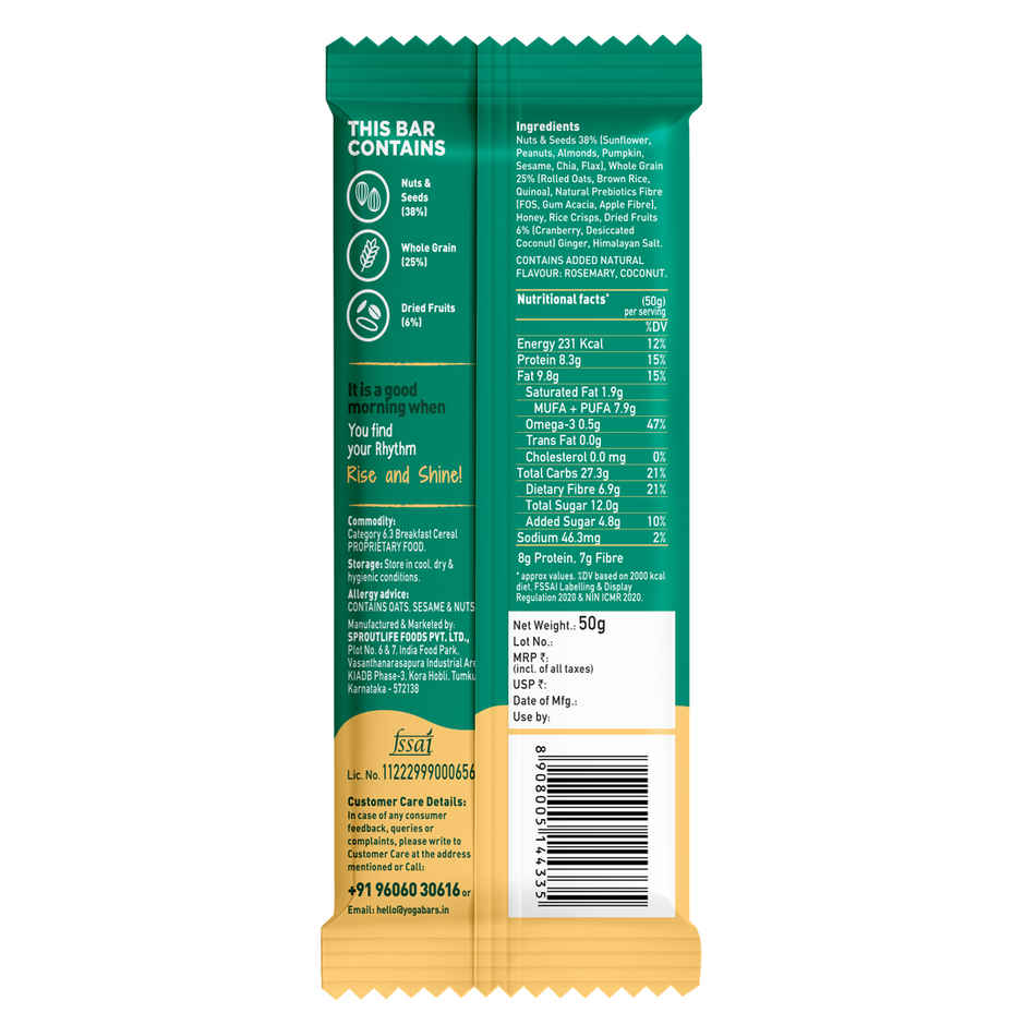 Yogabar Almond Coconut Breakfast Bar 50g, Fibre & Protein Rich Healthy Granola Bar