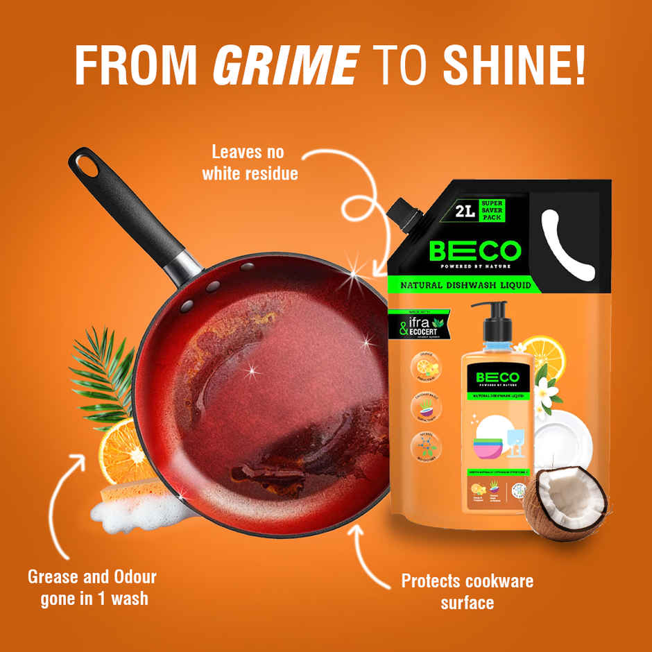 Beco Eco-Friendly Dishwash Liquid (750ml) & Beco Natural Orange Citrus Freshness Dishwash Liquid Refill (2L) Combo