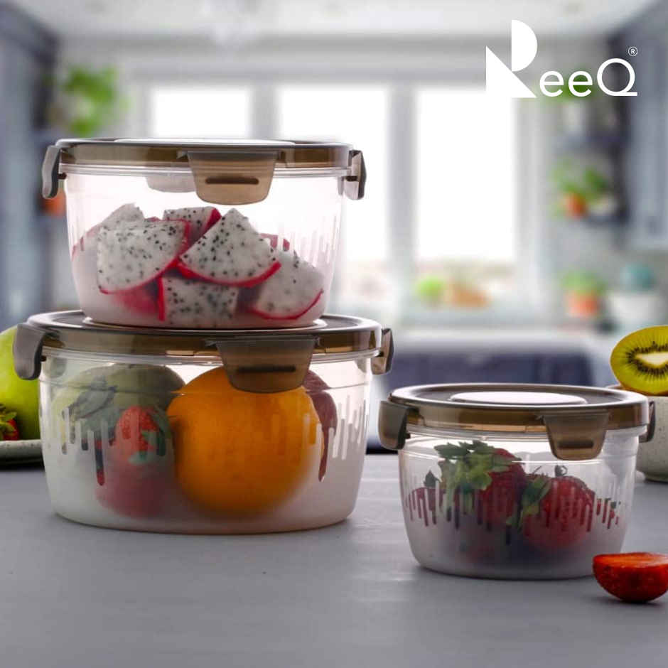 ReeQ Premium Round Plastic Container Set | 1.8 L + 1.2 L + 600 ml