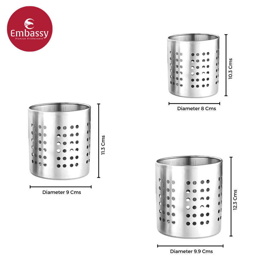 Embassy Premium Cutlery Stand / Stationary Holder, 3-Pcs (8,9,10 Cms) Matte Finish, Stainless Steel
