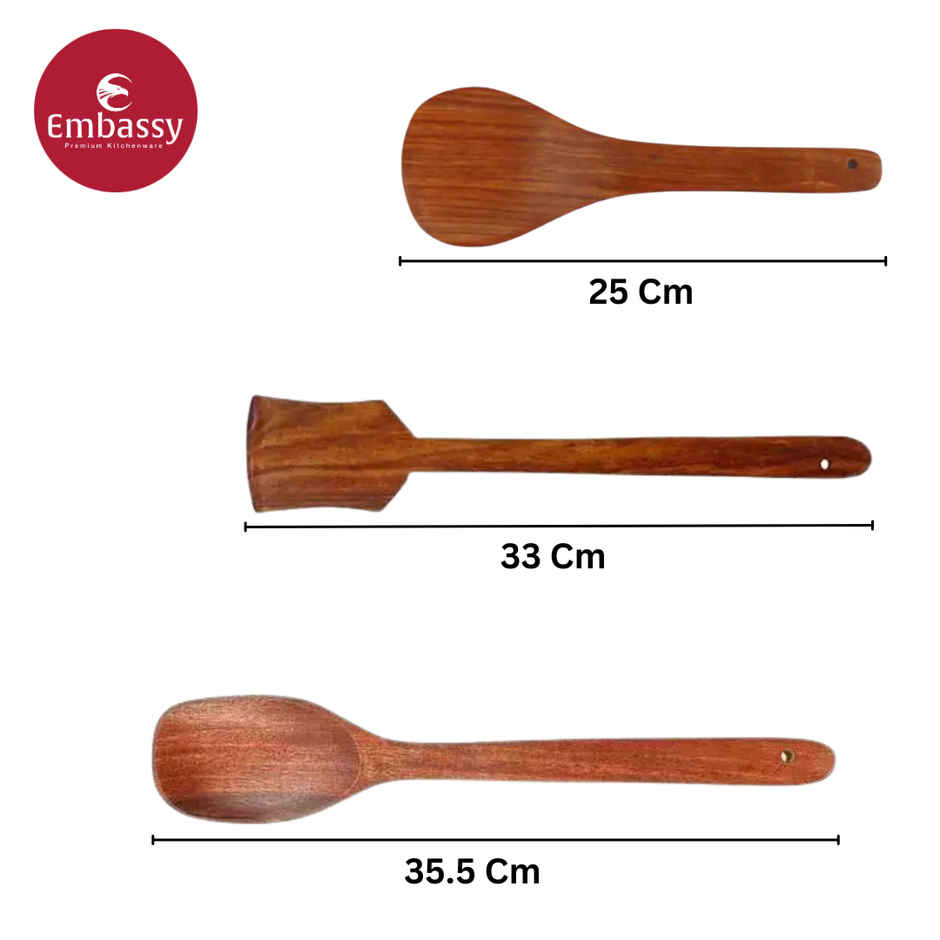 Embassy Wooden Spoon Set (Spatula, Rice, Long Serving Spoon) - For Dosa, Serving Rice, Dal, Gravy
