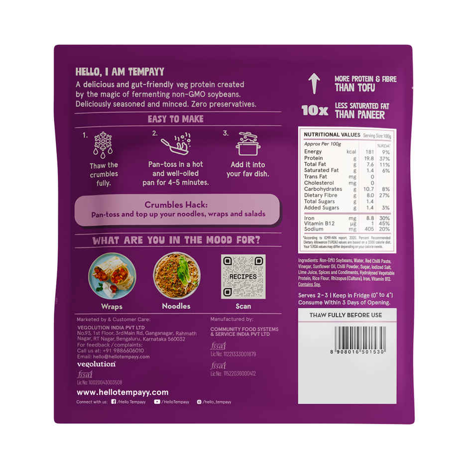 Hello Tempayy 40g Protein Tempeh Crumbles | Peri Peri | Heat & Add