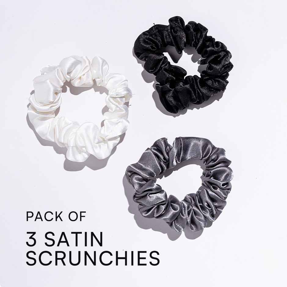 Gush Beauty Premium Hair Satin Rubber Band/Scrunchie Pack | Black, White & Gray