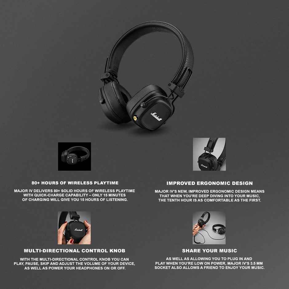 Marshall Major IV Wireless Bluetooth On Ear Headphone With Mic - Black