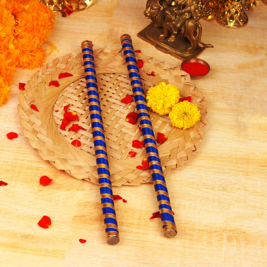 Decorated Tiranga Wooden Dandiya Sticks | Royal Blue & Gold | ServDharm