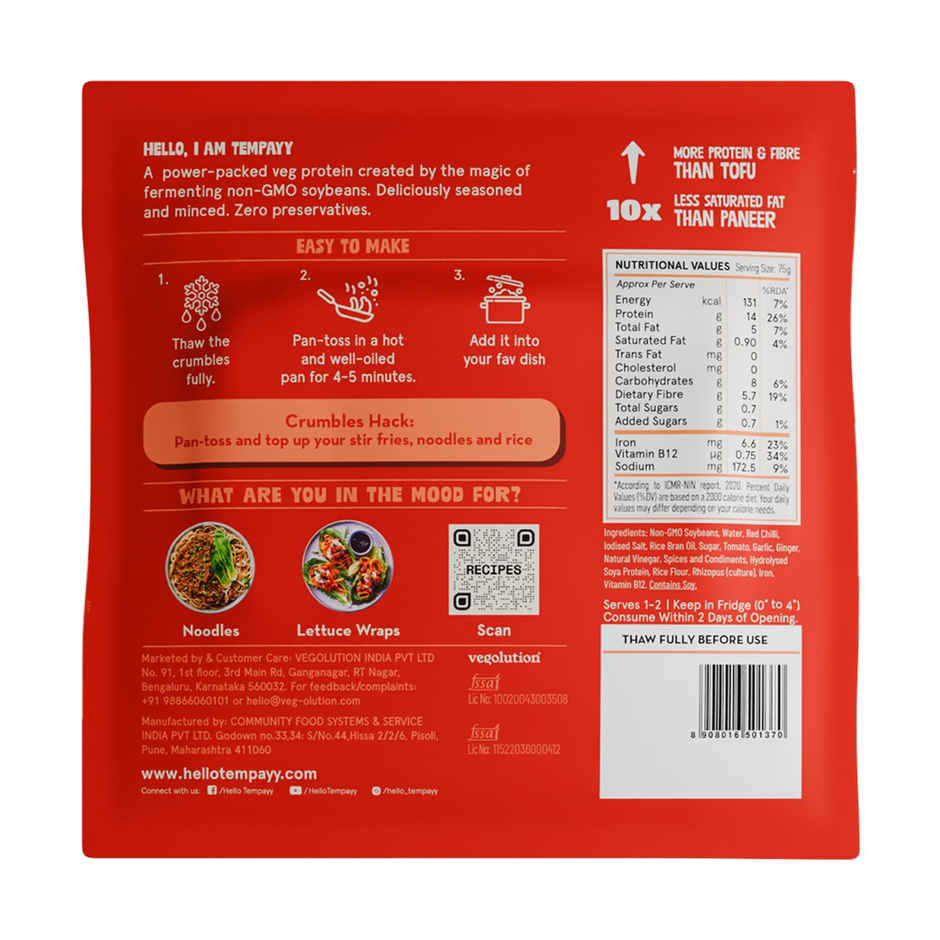 Hello Tempayy 14g Protein Tempeh Crumbles | Szechuan - Heat & Add | Soy Tempeh