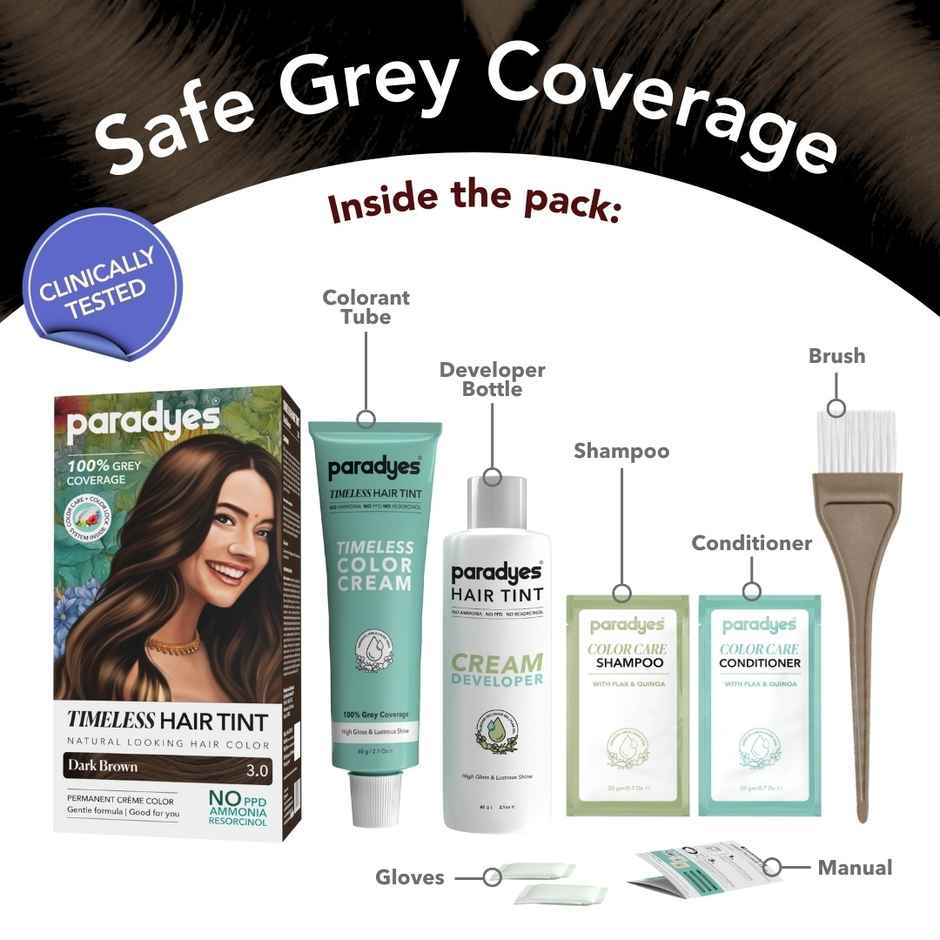 Paradyes Dark Brown Timeless Hair Tint, Permanent Creme Hair Colour - 3.0 Dark Brown