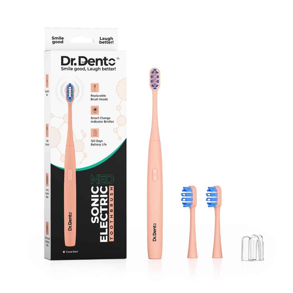 Dr.Dento Neo Sonic Electric Toothbrush | 2 Heads + Cover | 120 Day Battery - Coral Red