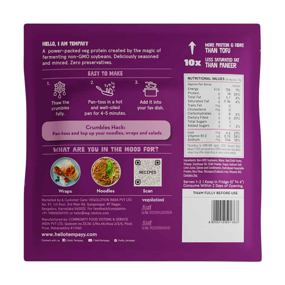 Hello Tempayy 14g Protein Tempeh Crumbles | Peri Peri | Heat & Add | Soy Tempeh