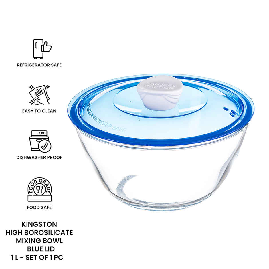 Sanjeev Kapoor Kingston High Borosilicate Mixing Bowl -Bluelid 1 L - Set Of 1 Pcs