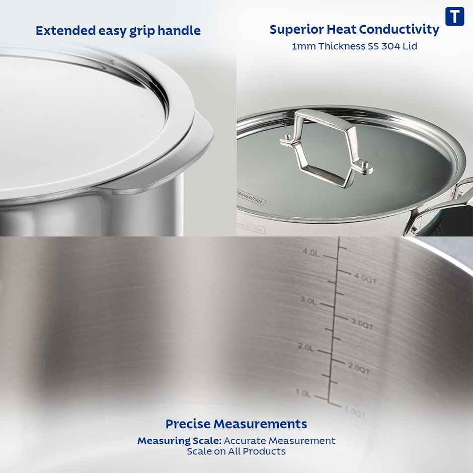 Tramontina Aeion Triply 28cm/8.7L Tope with SS 304 Lid | Healthy, Non Toxic | Extended Grip | Bhagona | Tapeli | Patila | for Boiling Milk/Water | NSF Certified | 10 Year Warranty