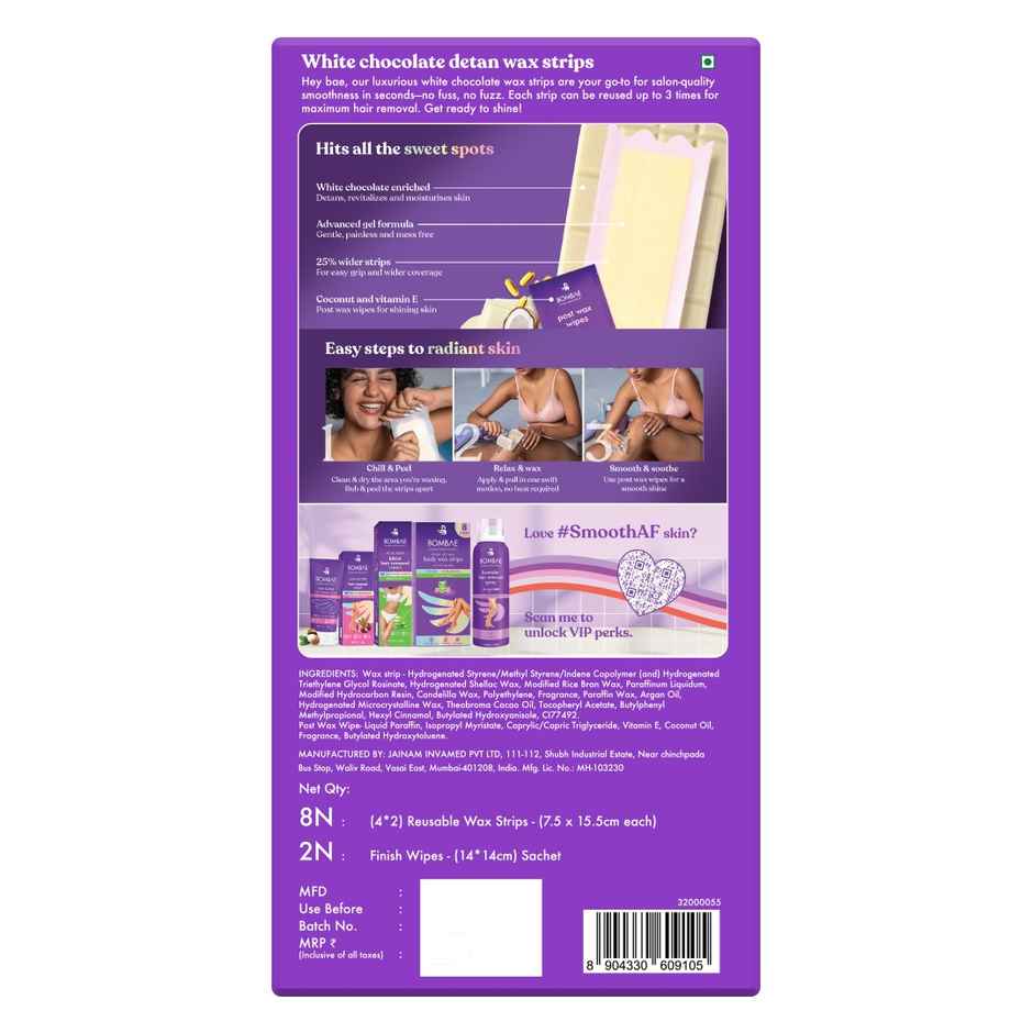 Bombae White Chocolate Full Body Wax Strips For Women | 8 Strips And 2 Post Wax Wipes
