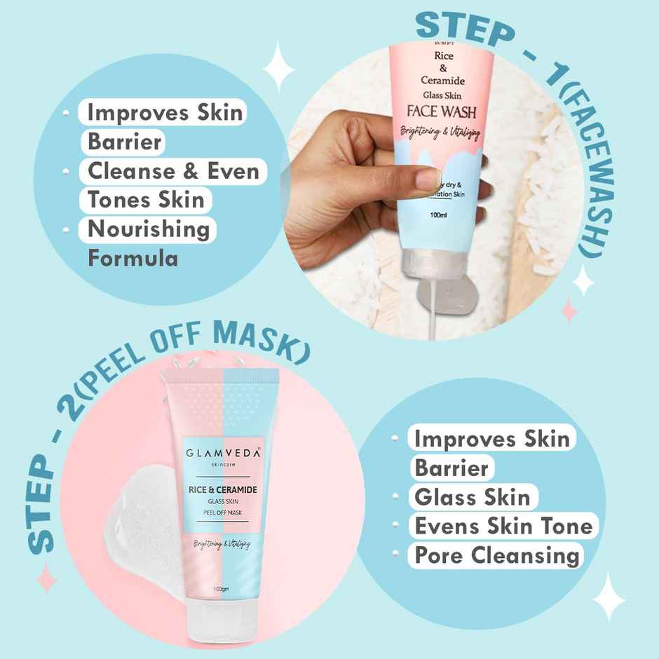 Glamveda Korean Glass Skin Rice and Ceramide 7 Step Weekly Skincare Routine For Women with Gift Box