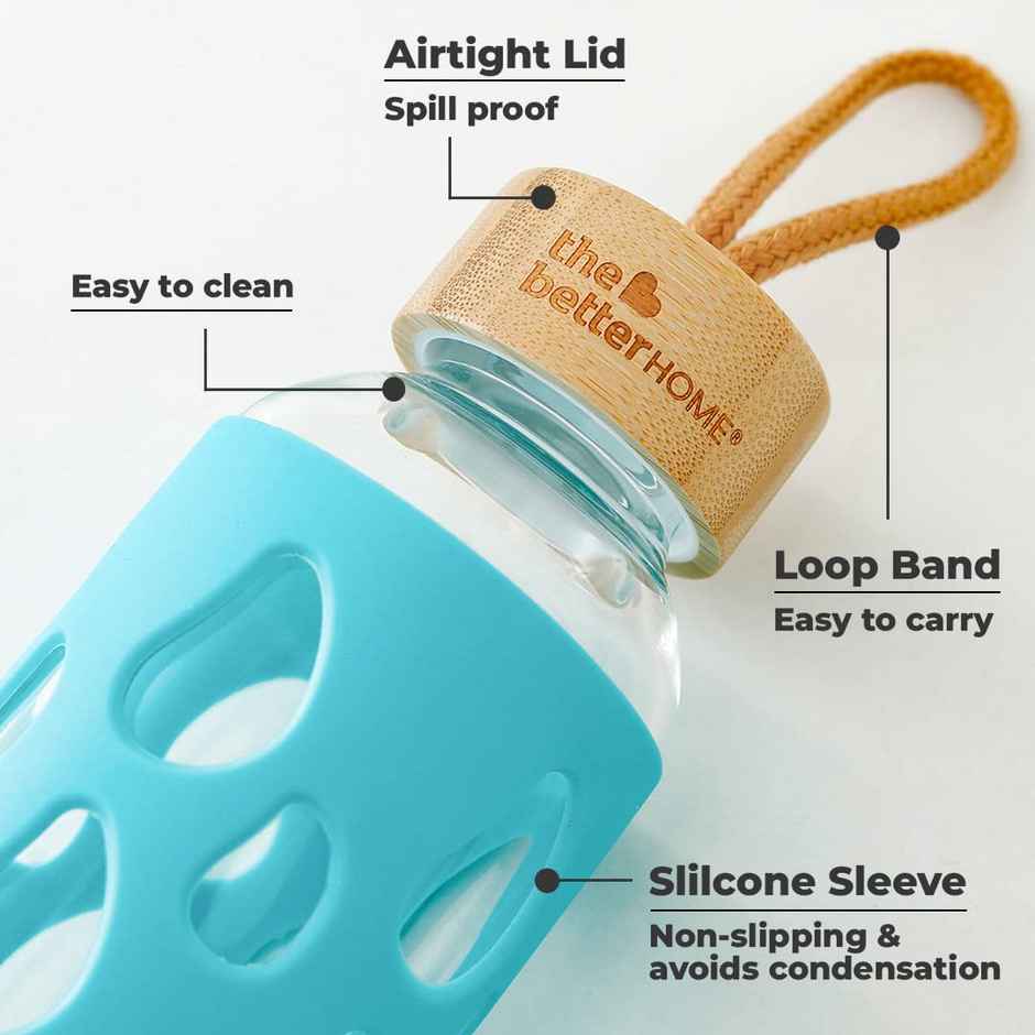 The Better Home 550Ml Borosilicate Glass Bottle With Sleeve And Bamboo Lid With Grip Gaps-Blue